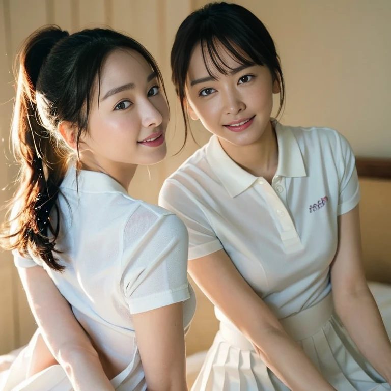 (Masterpiece, Best quality: 1.4), (Ultra realistic, Photo-realistic: 1.2), Full body, (kneeling: 1.3), Looking at viewer, Natural light, 28 years old actress, Japanese women, (arms behind back: 1.2), Neat and clean, ((Wearing white tennis uniform, White polo shirt with collar, Not buttoning the polo shirt, White pleated tennis skirt: 1.2)), (ponytail: 1.2), Light brown hair color, (Beautiful Face), Oval face, clear, (Beautiful eyes, Kind eyes), (Clear skin), Small face, (Small mouth, Beautiful mouth), Natural makeup, Approachable, Hotel Suite room,On bed, Seductive smile, Seductive pose, Beautiful thighs, Bedroom eyes, spread legs,