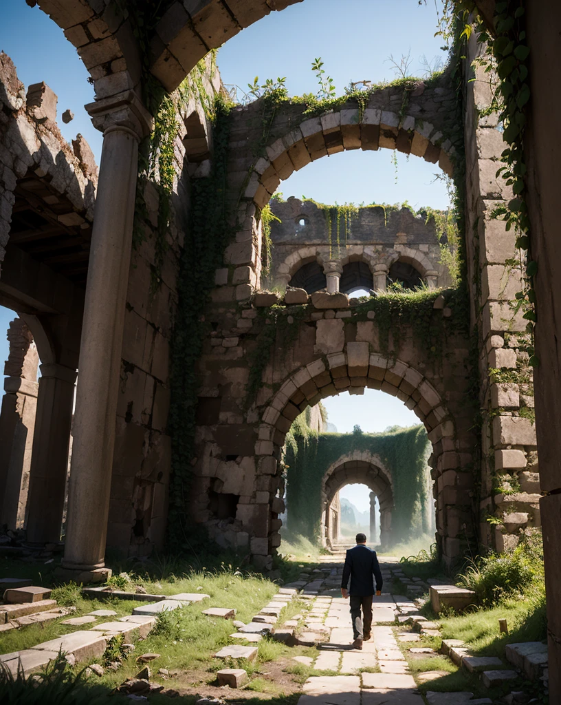 In the ruins of an ancient, forgotten site, a man walks cautiously through the remnants of an old, mystical structure. The setting is bathed in a surreal, otherworldly light, with crumbling stone walls and overgrown vegetation creating an atmosphere of ag