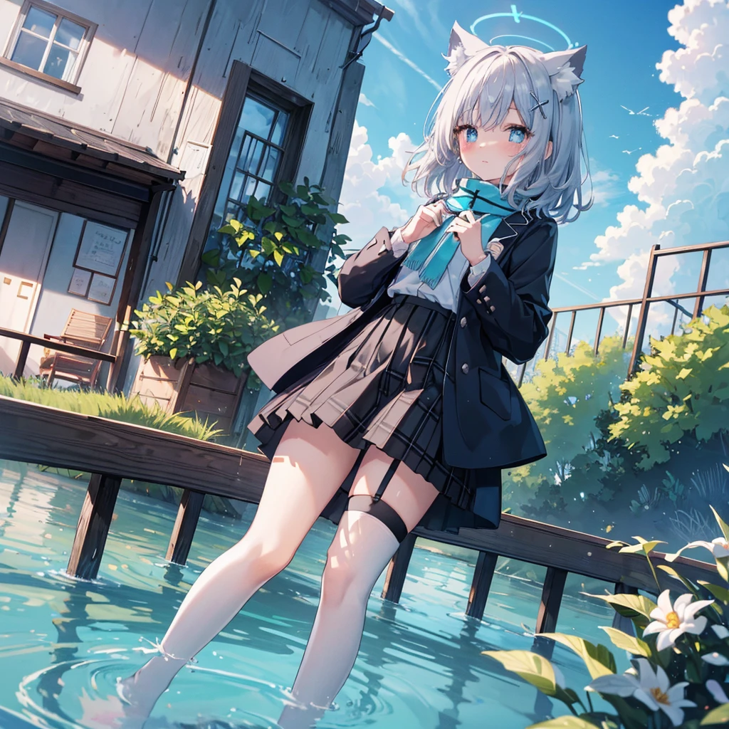 (High resolution, Highest quality、8k、Masterpiece 1.3),Beautiful eyes、Blushed face、Cat ear、girly、Black and white fashion、flare skirt、Spreading her skirt with her hands、garter belt、puddle、The sky is reflected on the water、Black knee socks、outside、garden、sun、whole body