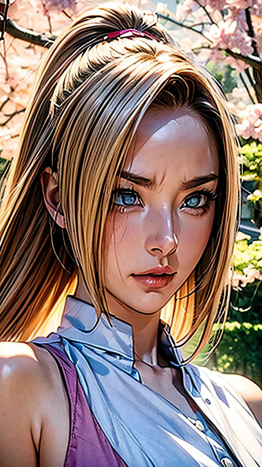 Ino Yamanaka, naruto \(series\), naruto shippuuden, 1girl, bangs,elbow sleeve, eyes visible through hair, floating hair, forehead protector, foreshortening, green eyes, hair intakes, hairband, looking at viewer, parted bangs, pink hair, red shirt, shirt, short hair, sleeveless, sleeveless shirt, solo, upper body, v-shaped eyebrows, ((masterpiece)), (best quality, highres:1.2), 1girl, beautiful detailed eyes, beautiful detailed lips, extremely detailed eyes and face, long eyelashes, HDR, studio lighting, sharp focus, physically-based rendering, extreme detail description, portraiting breasts, perfect shape, facing viewer, sweaty, gorgeous, appearing in full frame, good-looking, Beautiful fair skin and luster, Beautiful eyes are big and bright, Small mouth and thin lips, Goodness of style and slendernes), beautiful girl illuminated by seven colors of light, Irridescent coloe, showing off her figure, seductive and confident, enchanting aura, surrounded by cherry blossom trees, delicate and vibrant petals falling all around her, sunlight filtering through the trees, creating a warm and dreamy atmosphere