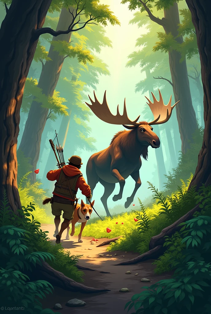Animated hunter in the forest whit his common dog hunting a big moose