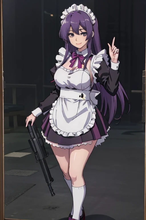 One Girl, (((Japanese Mature Maid 1.5))), alone, ((long purple hair 1.4)), (Sexy Aunt)，((Thighs)), Adult sex appeal, ((Miniskirt maid outfit 1.5))，((Knee-high socks 1.4)),whole body, ((Shoot a gun 1.2)),bangs, Realistic,((Big breasts 1.2)), (Cel animation),tune 4k, Highest quality, Slender beauty, Very clear photos, Beautiful pose、((Cute maid outfit))、smile、Straight hair,((Night city background))