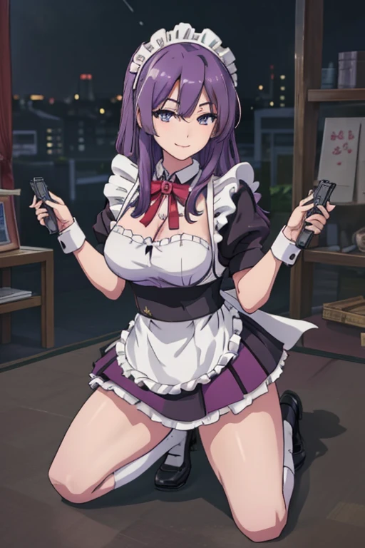 One Girl, (((Japanese Mature Maid 1.5))), alone, ((long purple hair 1.4)), (Sexy Aunt)，((Thighs)), Adult sex appeal, ((Miniskirt maid outfit 1.5))，((Knee-high socks 1.4)),whole body, ((Shoot a gun 1.2)),bangs, Realistic,((Big breasts 1.2)), (Cel animation),tune 4k, Highest quality, Slender beauty, Very clear photos, Beautiful pose、((Cute maid outfit))、smile、Straight hair,((Night city background))