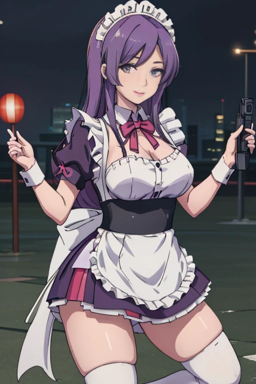 One Girl, (((Japanese Mature Maid 1.5))), alone, ((long purple hair 1.4)), (Sexy Aunt)，((Thighs)), Adult sex appeal, ((Miniskirt maid outfit 1.5))，((Knee-high socks 1.4)),whole body, ((Shoot a gun 1.2)),bangs, Realistic,((Big breasts 1.2)), (Cel animation),tune 4k, Highest quality, Slender beauty, Very clear photos, Beautiful pose、((Cute maid outfit))、smile、Straight hair,((Night city background))