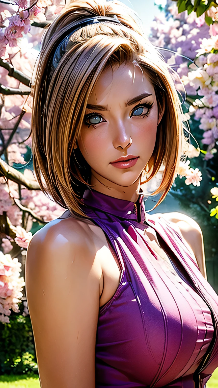 Ino Yamanaka, naruto \(series\), naruto shippuuden, 1girl, bangs,elbow sleeve, eyes visible through hair, floating hair, forehead protector, foreshortening, green eyes, hair intakes, hairband, looking at viewer, parted bangs, pink hair, red shirt, shirt, short hair, sleeveless, sleeveless shirt, solo, upper body, v-shaped eyebrows, ((masterpiece)), (best quality, highres:1.2), 1girl, beautiful detailed eyes, beautiful detailed lips, extremely detailed eyes and face, long eyelashes, HDR, studio lighting, sharp focus, physically-based rendering, extreme detail description, portraiting breasts, perfect shape, facing viewer, sweaty, gorgeous, appearing in full frame, good-looking, Beautiful fair skin and luster, Beautiful eyes are big and bright, Small mouth and thin lips, Goodness of style and slendernes), beautiful girl illuminated by seven colors of light, Irridescent coloe, showing off her figure, seductive and confident, enchanting aura, surrounded by cherry blossom trees, delicate and vibrant petals falling all around her, sunlight filtering through the trees, creating a warm and dreamy atmosphere, big breast