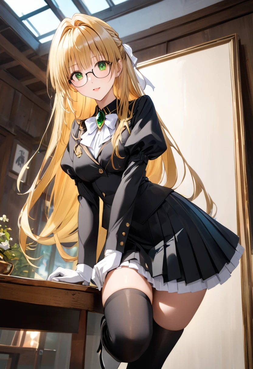 Highest quality、unity 8k wallpaper、32K、masterpiece、Very detailed、Ultra-high resolution、Very detailedな顔、RAW Photos、Professional、Ultra-fine painting、whimsical tearju, blonde hair, green eyes, long hair, hair intakes, bangs, glasses, A black and white enamel magical girl costume、Black and white puff sleeves、White ribbon with a large emerald brooch、Black pleated skirt with white lines、(((Black and white long gloves)))、(((White and black thigh-high stiletto heel long boots)))、