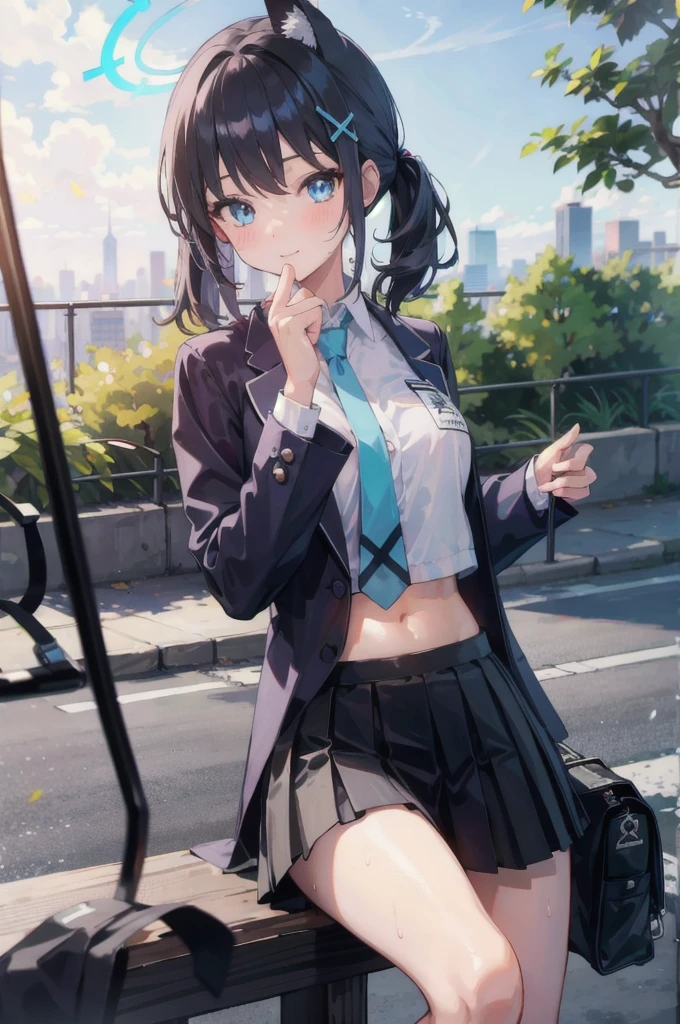 (High resolution, Highest quality 1.3),Very precise、One girl, （Cheerleader、Cheer uniform）、I can see your belly button、Lip details、Shiny Hair, Long eyelashes、Close one eye, smile、Red cheeks、Holding out your hand、Short skirt、（Perfect Fingers）、Sweat on the cheeks、Illustration of movement, Ray Tracing,outside、Audience seats