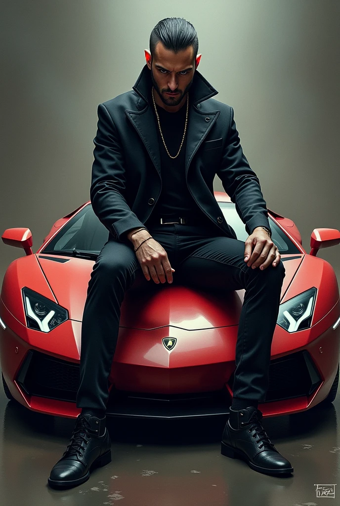 Tattooed man with Batman mask,with gold chain, Rolex, , rollet him on top of a red Lamborghini, with a small roulette on top of the car, at a roulette festival full of women 