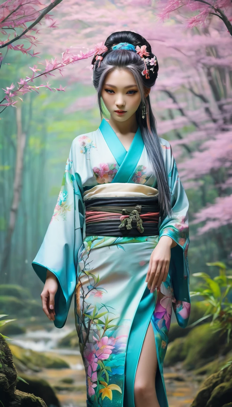 girl kimono, little body, little breast, (((all body artistic painting fullcolors pastel))), wonderfull yakuza tattoo work, multicolor hair, ((long hair pin with detailled decoration)), complex asian hairstyle, masterpiece, best quality, in bamboo forest, (((standing, front view
, all body)))