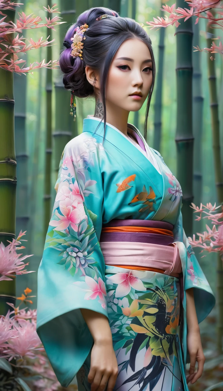 girl kimono, little body, little breast, (((all body artistic painting fullcolors pastel))), wonderfull yakuza tattoo work, multicolor hair, ((long hair pin with detailled decoration)), complex asian hairstyle, masterpiece, best quality, in bamboo forest, (((standing, front view
, all body)))