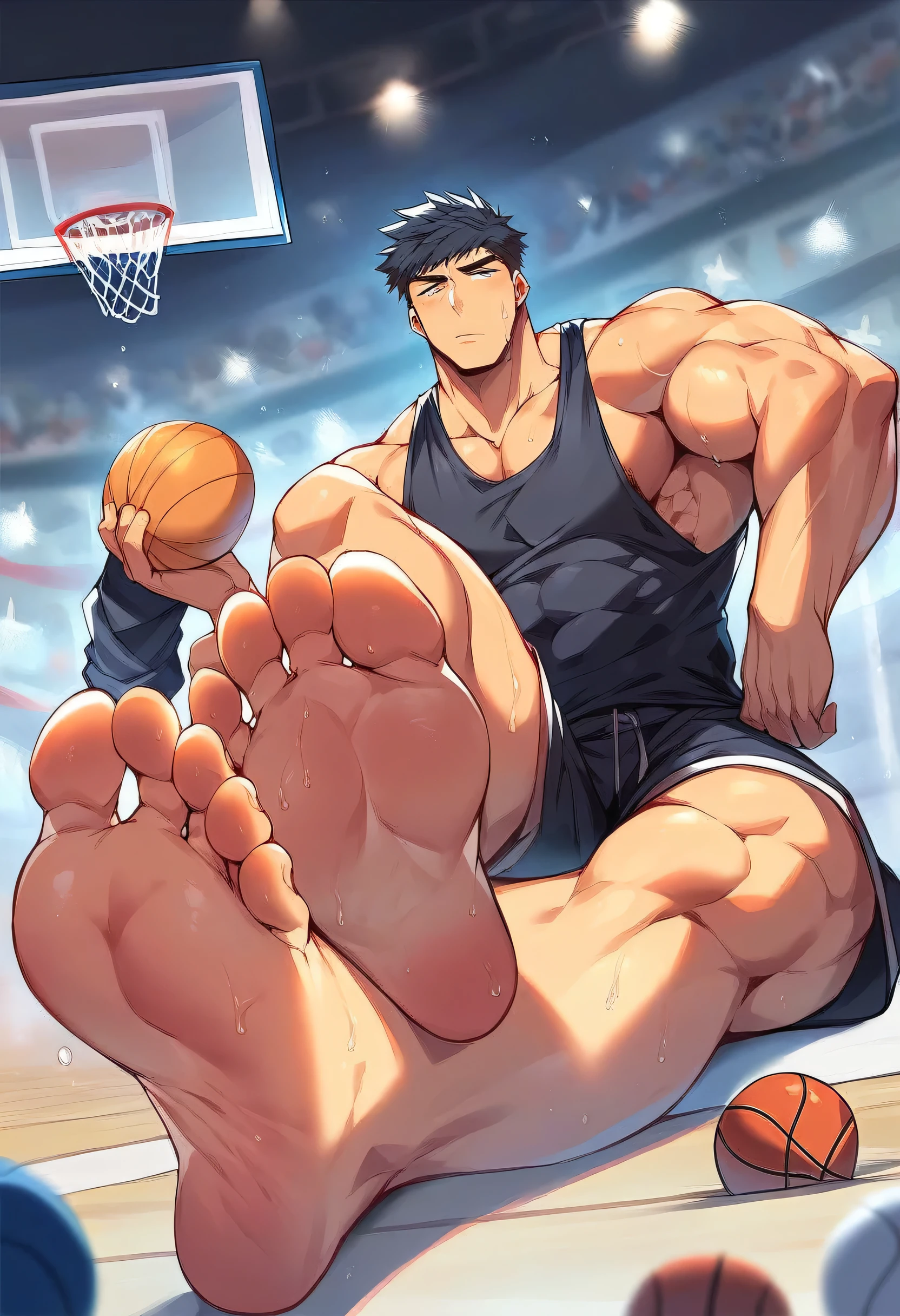 feet,1boy,abs,bara,bare shoulders,barefoot,basketball,black hair,black shirt,black shorts,black tank top,crossed legs,feet,foot focus,foreshortening,hat,male focus,muscular,muscular female,muscular male,pectorals,shirt,short hair,shorts,sitting,socks removed,soles,solo,stuffed animal,stuffed toy,sweat,tank top,thighs,toes