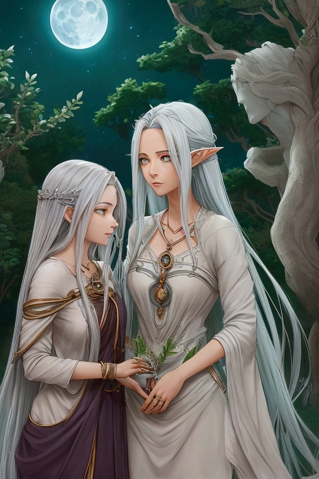 (Lyria Sombrafonte, a young  elf with long, moonlit silver hair and intense green eyes that reflect hope and determination. Her worn and dirty clothes still bear traces of delicate embroidery, hinting at her former life in Rivendora. Around her neck, she wears a wooden leaf-shaped amulet, a gift from her parents, symbolizing her connection to her roots and family. The scene captures her resilience, with the soft glow of the moonlight accentuating her silver hair and the amulet. The style is reminiscent of fantasy illustrations, focusing on Lyria’s ethereal beauty and the textures of her clothing and amulet.)