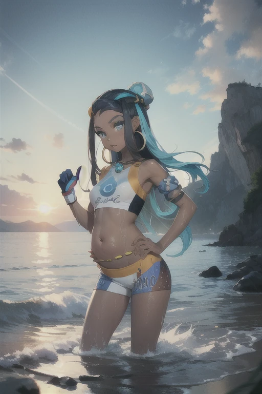 masterpiece, best quality, 1 pregnant girl, nessa, black hair, blue hair,  long hair,  multicolored hair, blue eyes, blue hair,dark skin, single hair bun,  armlet, belly chain, bikini, crop top, shorts, full body, single glove, hand on hip,  hoop earrings, necklace, looking at viewer, midriff,  navel, third trimester of pregnancy,  solo, standing, sky, water, wet, sea 