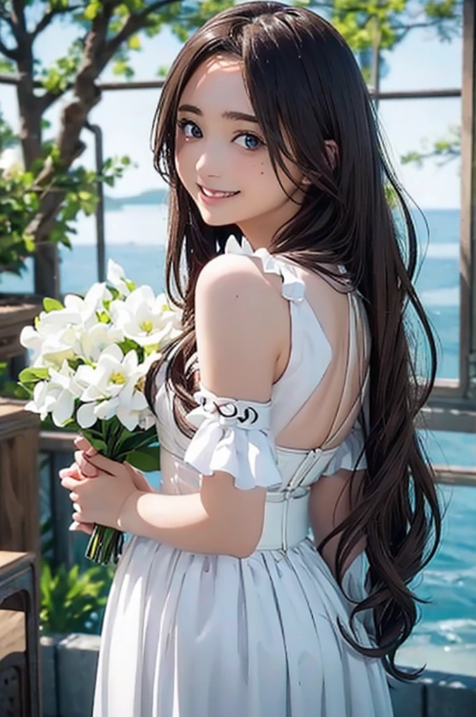 High resolution, 8k, Highest quality, detailed, Semi-realistic anime, Anime 3D Style, Smooth anime CG, One Girl, 20 year old Japanese woman, slim, Modeled, Shiny brown hair, detailedな顔, Beautiful and detailed, Glowing Skin, Hard Focus、Film Grain, Soft lighting, white、Ocean、Droopy eyes、Brown eyeballs on face、smile、1 female、A woman wearing a dress、Long Hair Woman、detailedな顔、Clear Face、Mole、bouquet、bride