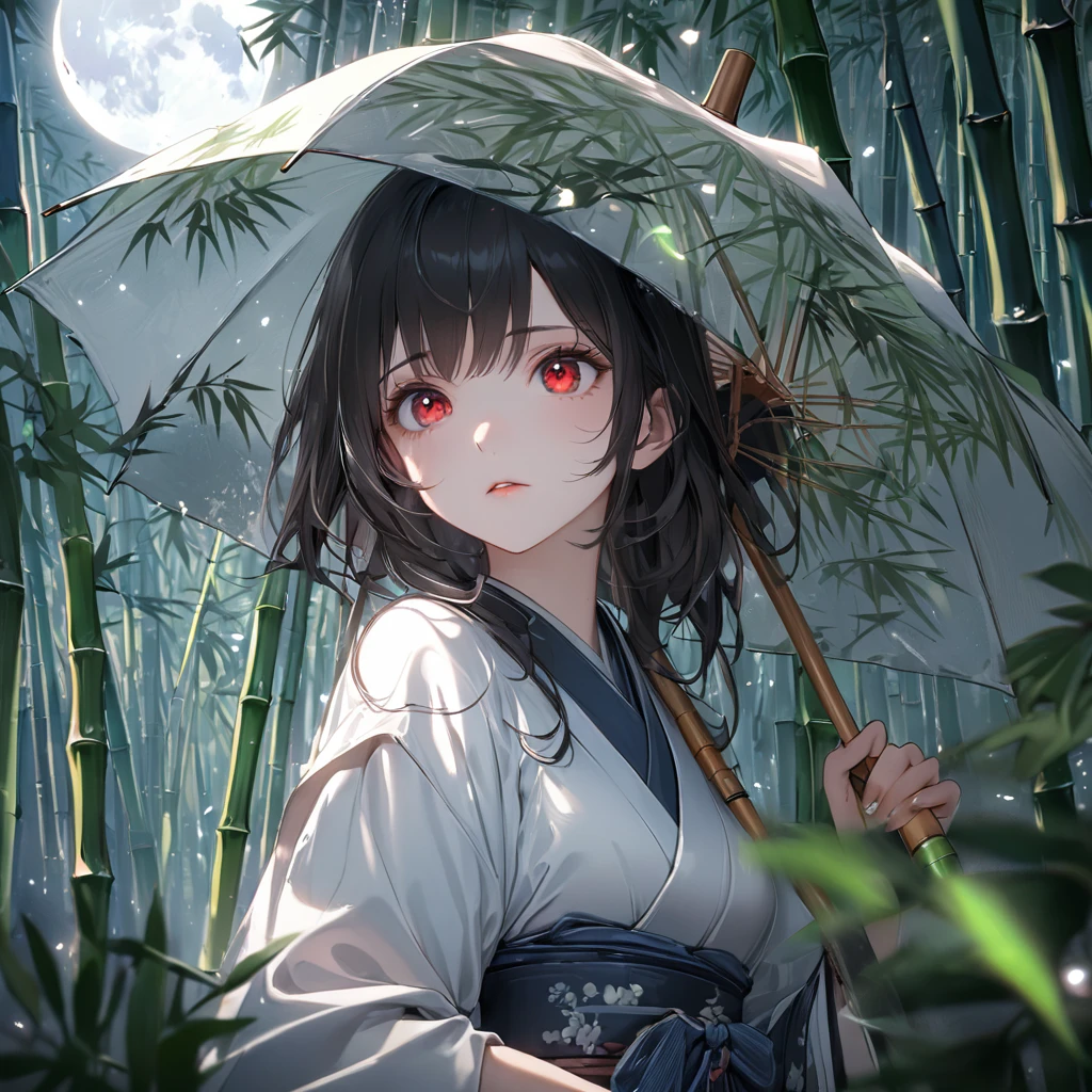 最high quality, wonderful_delicate, wonderful delicate eyes, Super detailed, beautiful, 8k , One girl, Red eyes, evil, Facial Contour,(Absurd, High resolution, Super detailed), masterpiece, The perfect solution, wonderfulディテール, Super Detailed,  Ray Tracing, Depth of written boundary, Cinema Lighting, Ray Tracing, 超High resolution, Attention to detail, 最high quality, High resolution, high quality, Awards, Super Detail, masterpiece, 8k, 超High resolution, Attention to detail, 最high quality, High resolution, high quality, Awards, Super Detail, masterpiece, 8k, Digital Art, Anime Coloring、A dynamic ink painting of a bamboo forest, Black and white paint, wonderful芸術, wonderful奥行き感, View from the ground, 世界で一番beautiful竹林, Bamboo leaves shining in rainwater, moon\(pale\) In light cloudy weather, Beautiful woman\(Aristocrats of Ancient Japan, beautiful着物, beautiful長い黒髪\) looking up at the moon at the center with a follower in simple clothes holding an umbrella, Fireflies flying around, Bamboo leaves are arranged three-dimensionally in the foreground.