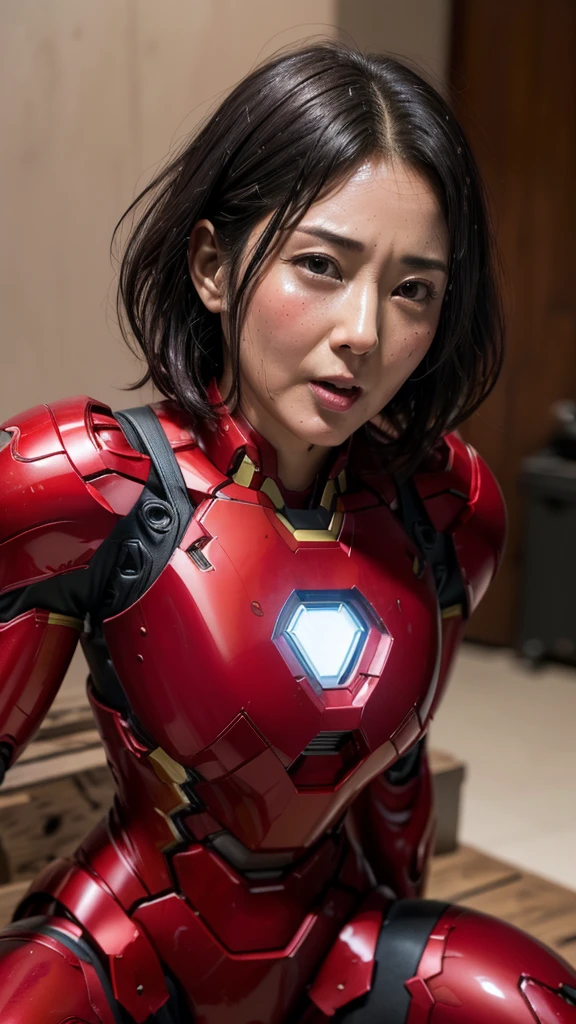 Highest quality　8k red armor　Iron Man Suit　Middle-aged women　　Sweaty face　　short hair　　Steam coming from the head　My hair is wet with sweat　Black Hair　((Aunt)) 　Full body portrait　Only the face is exposed　Small　Chubby body type　Orgasm　Ahegao　Spread your legs　I can see the vagina