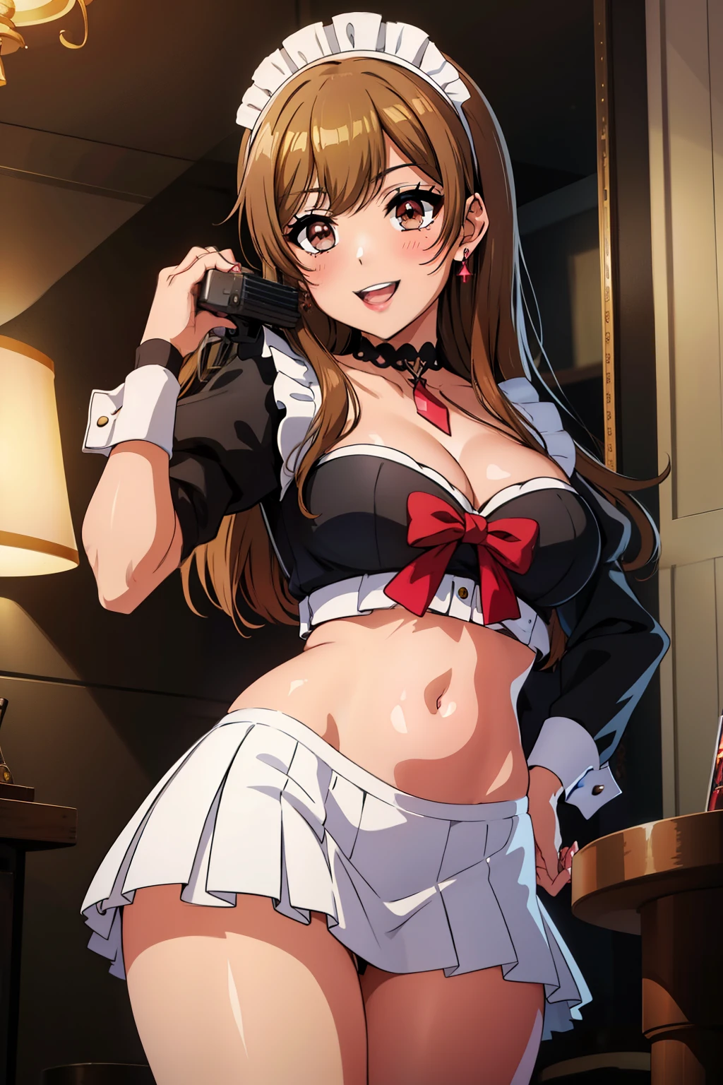 kyoko, headpones around neck, bangs, brown eyes, long hair,brown hair, seductive smile, blush, lipstick, jewelry, earrings, Hot girl, baddie, mean girl, sensual, attractive, jewelry, earrings, complex detailed background, casino environment, fancy interior environment, rich
interior, masterpiece, best quality, highly detailed, a anime girl in maid uniforms, holding pistol, maid
outfit, cleavage, evil smile, smile, open mouth ,ecchi anime style, anime girls, ecchi style, ecchi, digital
anime art!!, in anime style, official artwork, (nsfw) not safe for work, beautiful anime maid girl, anime
style 4 k, micro skirt, exposed belly, exposed navel, exposed midriff, exposed lower belly, holding a gun