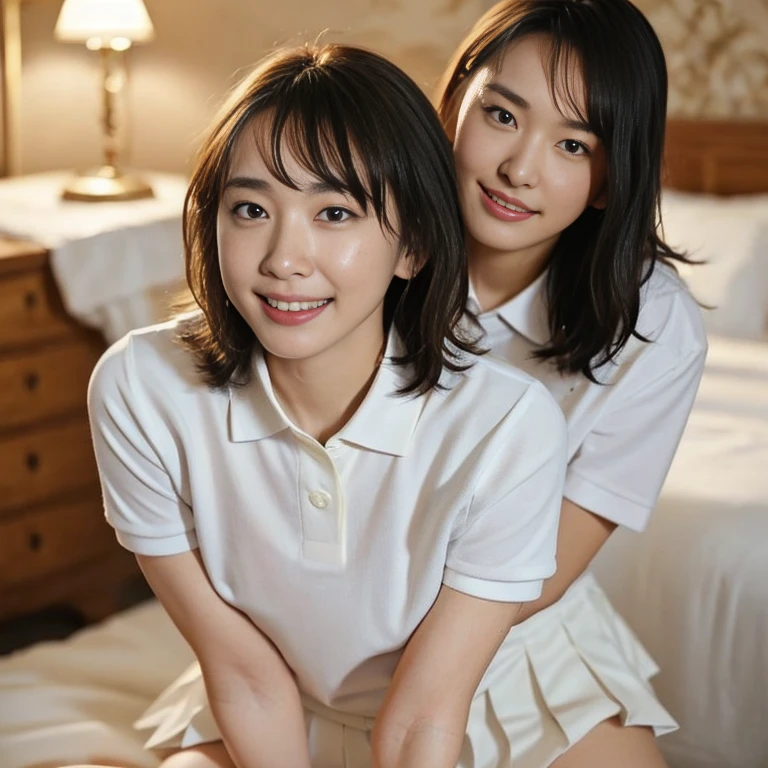 (Masterpiece, Best quality:1.3), (Ultra realistic, Photo-realistic:1.2), Natural light, 28 years old actress, Japanese beautiful 2 women, Neat and clean, (White tennis uniform, White short-sleeve polo shirt with darknavy line collar:1.1), (unbutton:1.2), (White pleated skirt:1.1), (damaged skirt:1.1), white sock, (ponytail:1.2), (Beautiful faces), Oval face, clear, Beautiful eyes, Kind eyes, Clear skin, Small face, Beautiful mouth, Small mouth, Natural makeup, Approachable, Seductive smile, (Seductive pose:1.2), Beautiful thighs, Bedroom eyes, Embarrassed, Blush, Luxury hotel Suite room, On bed, (nsfw:1.3), obscene reality of girls, (lesbian couple, petting together:1.2), looking at each other, grabbing crotch, erotic hug,  