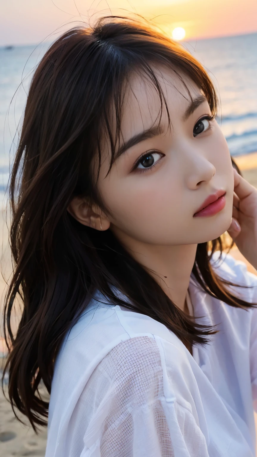 (highest quality、High resolution、masterpiece:1.3)、tall and cute woman、big and full breasts、loose wavy dark brown hair、brain out、necklace、white bikini、(background coast)、Precisely expresses details such as face and skin texture、detailed eye、double eyelid、light smile、whole body、short cut hair、Upper body