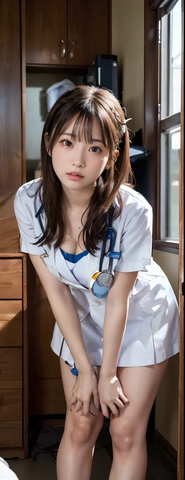 (((HD photo))), Ultra high resolution. Photorealistic:. 1.4, UHD, masterpiece, artstation trend, portrait, full body shot, 1girl, cute, pretty face, most beautiful in the world, cleavage, soft, delicate, (long red hair), perfect figure, (wearing white doctor uniform:1.2), leaning forward holding stethoscope:1 .4, medical fetish, examination, sunbathing, hospital ward background, braided hair, big 