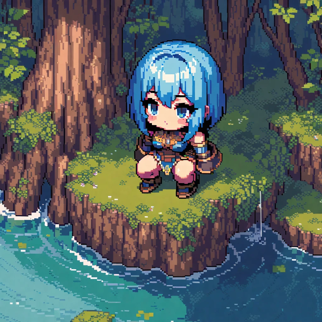 (masterpiece, Highest quality:1.2), Pixel art,land､Adventure in a mysterious forest,Blue haired female warrior,Short hair