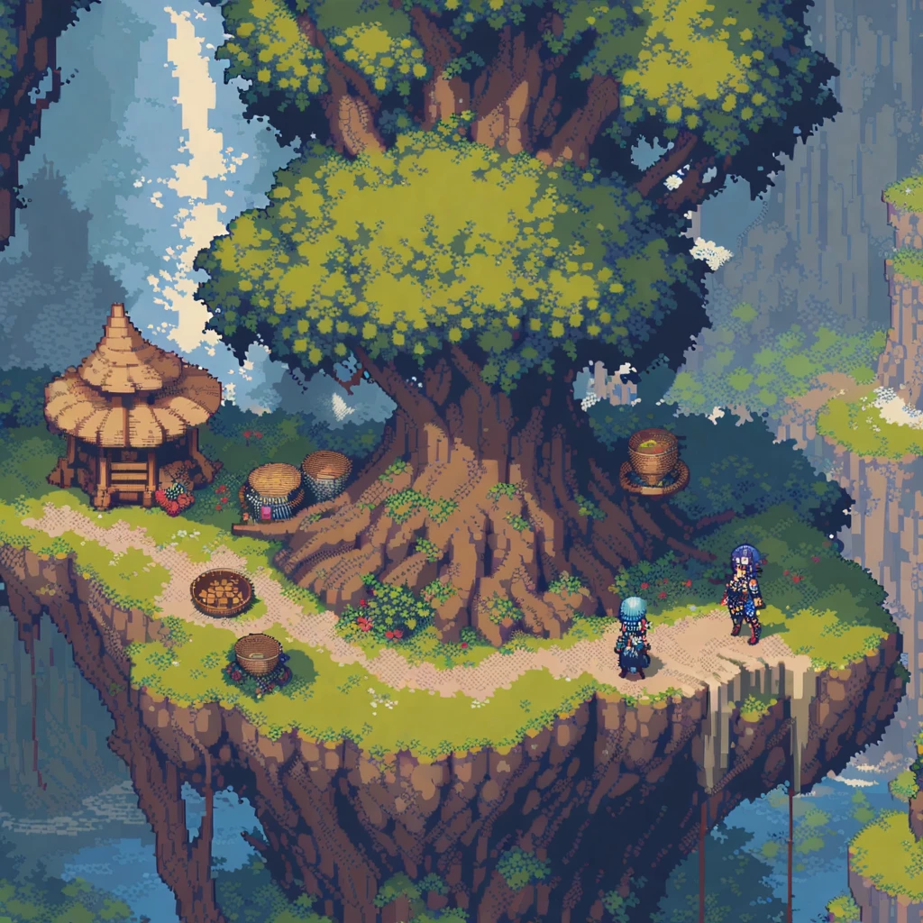 (masterpiece, Highest quality:1.2), Pixel art,land､Adventure in a mysterious forest,Blue haired female warrior,Short hair