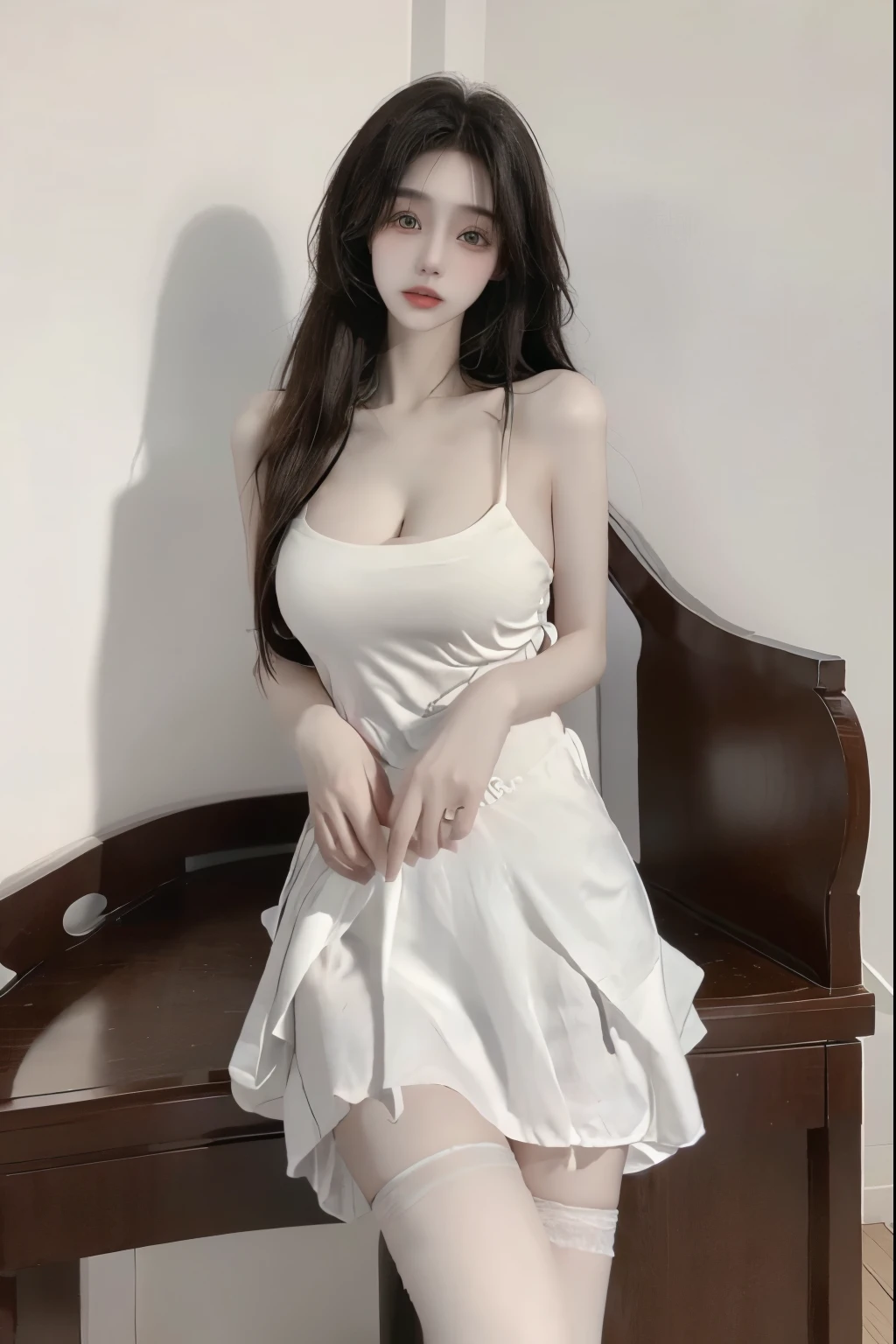 Beautiful woman with perfect body：1.4，Layered Hairstyle，Highly detailed face and skin textures，Double eyelids，Skin Whitening，Long hair，Whitened long legs，（Tight swimsuit，necklace），Standing by the pool，Half-length photo