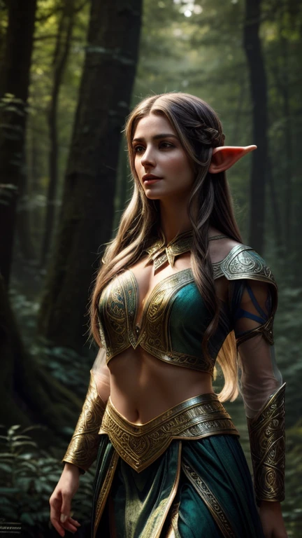 a beautiful nude elven warrior,extremely detailed, detailed eyes and face, longeyelashes, intricate armor details, detailed skin texture, detailed hair, sexy elegant pose, enchanted forest background, magical glowing effects, warm lighting, vibrant colors, photorealistic, cinematic composition, award winning digital art