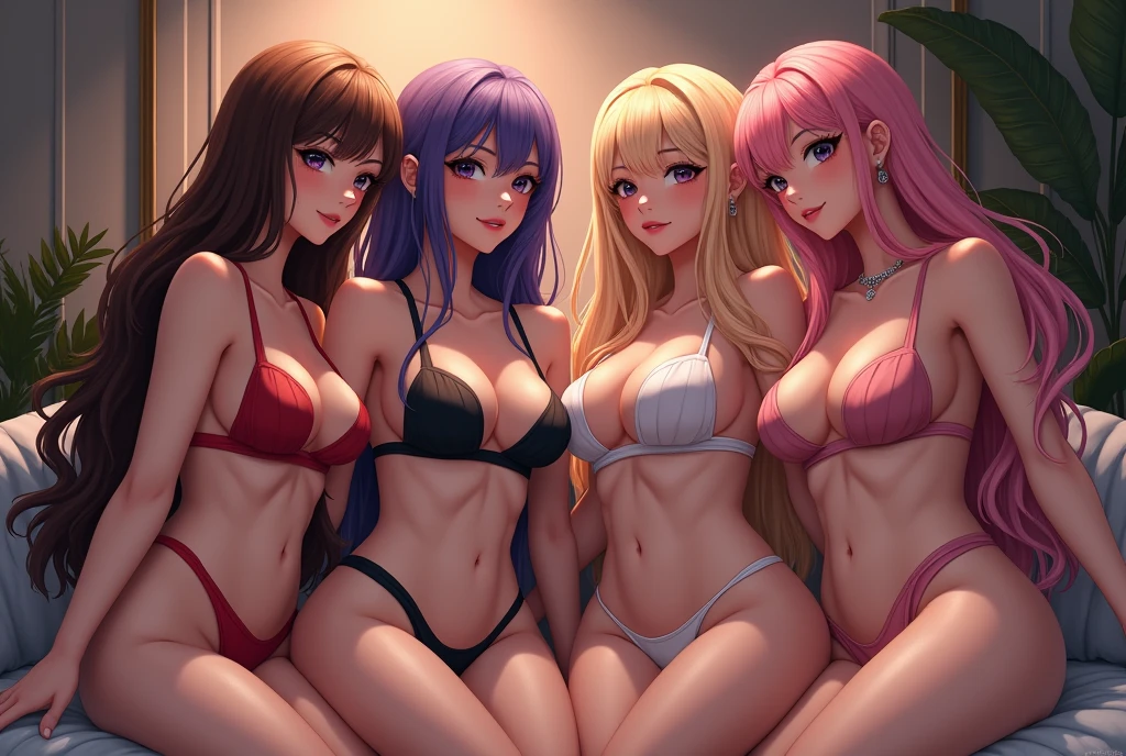 realisticlying、3 girls、1 male、Platinum Pink Hair、Purple eyes、radiant eyes、Parted lips、red blush、natta、florals、suns、sunlights、Colossal tits、A sexy、Eros、(Highest Quality:1.2),(​masterpiece:1.2),(Masterpieces:1.2),(Woman with perfect body),(very big bust:1.2、A slender),(During masturbation 1.2),(cum on:1.2),(Long hair),(a necklace,耳Nipple Ring),(Midnight)(Toned abs)(Detailed pubic area)