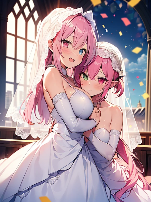 Girl with pink hair, long twin-tail hairstyle, (small bushy pink eyebrows), wearing a wedding dress, lolicon (Zankuro) drawing style by zankuro artist, Zancro style, image uploaded to R34, (in a church full of people), , flirty smile, lifting her dress to show her wide, naked hips, underwear in her hands, breasts out,