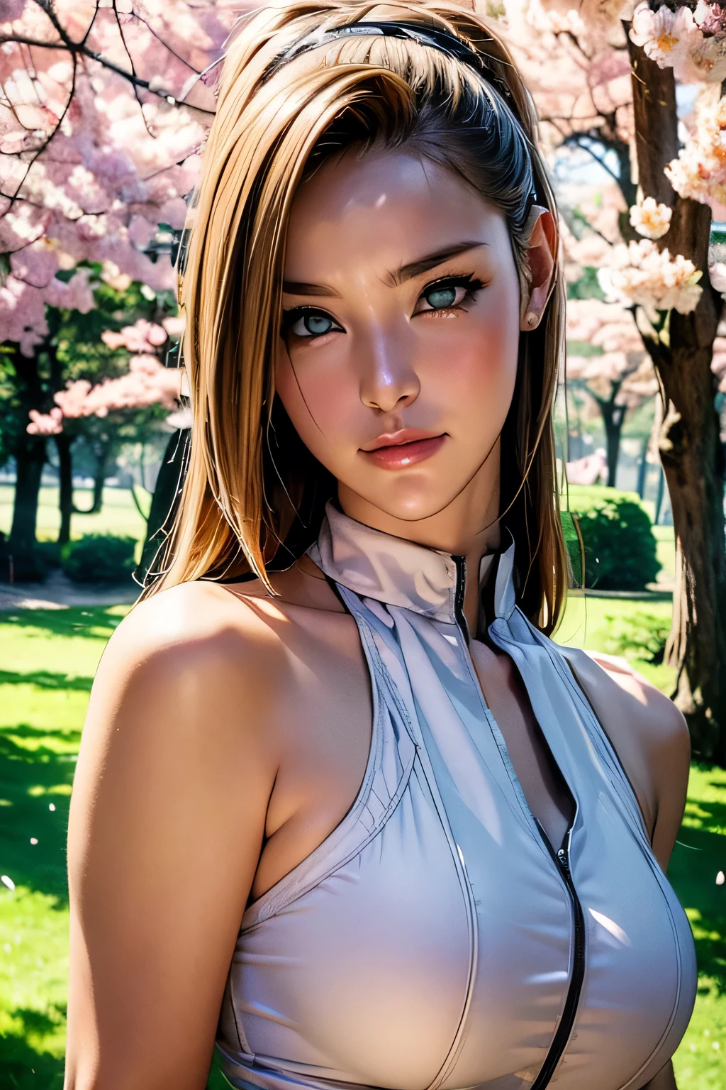 Ino Yamanaka, naruto \(series\), naruto shippuuden, 1girl, bangs,elbow sleeve, eyes visible through hair, floating hair, forehead protector, foreshortening, green eyes, hair intakes, hairband, looking at viewer,sleeveless, sleeveless shirt, solo, upper body, v-shaped eyebrows, ((masterpiece)), (best quality, highres:1.2), 1girl, beautiful detailed eyes, beautiful detailed lips, extremely detailed eyes and face, long eyelashes, HDR, studio lighting, sharp focus, physically-based rendering, extreme detail description, portraiting breasts, perfect shape, facing viewer, sweaty, gorgeous, appearing in full frame, good-looking, Beautiful fair skin and luster, Beautiful eyes are big and bright, Small mouth and thin lips, Goodness of style and slendernes), beautiful girl illuminated by seven colors of light, Irridescent coloe, showing off her figure, seductive and confident, enchanting aura, surrounded by cherry blossom trees, delicate and vibrant petals falling all around her, sunlight filtering through the trees, creating a warm and dreamy atmosphere, big breast , wearing lace lingerie tank top