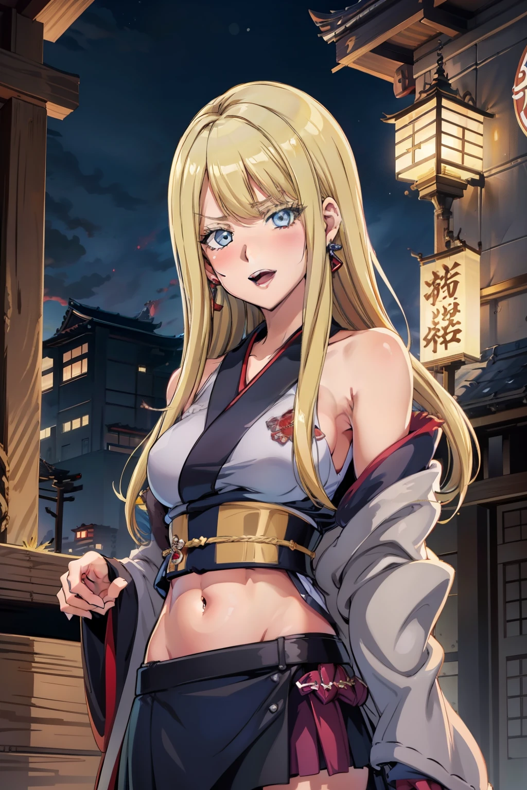 Tsunade，is shy，one-girl，blond hairbl，long whitr hair，with brown eye，Red lips，lipsticks，pub，ssmile，Be red in the face，Green coat，Close-up，drink，Piva，sitted，Portrait photo，sfw