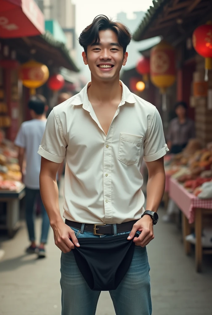 A handsome, cute Asian teenage boy, white skin, brown hair, perfect face,,no shame, wearing a khaki underwear in the middle of the market. Among the many people who come to buy food, face like a Korean singer, no muscle,he selling in a mobile phone shop 