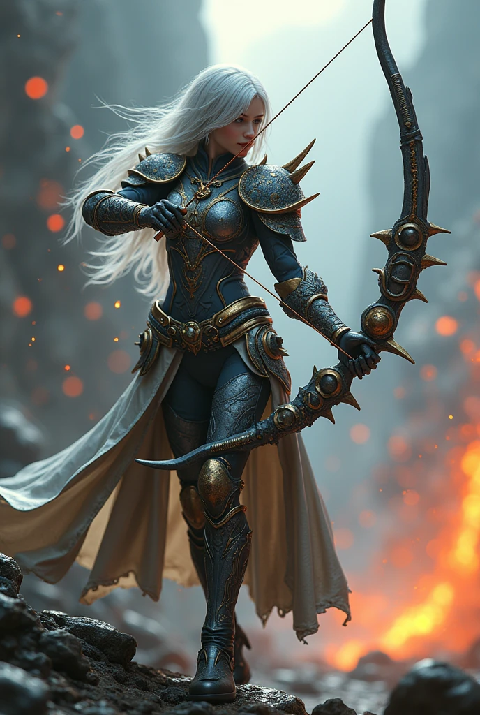 Surreal　Very detailed　Ultra Fantasy　Ultimate Details　Ultra-high resolution　8K 32k 3D 　Clear Eyes　Silver Hair　　　assassin　nice, Textured、Intricately designed armor　Dragon heads on both shoulders　mechanical engineering　Mechanic Art　　.　intricate and elaborate design, おMoney, Money　Silver　Silver Red　Black-purple　Dynamic pose　Robotics　Cinema Lighting　Magical spell aura　右手に独特なデザインのbigきなボウガンを持っている　Magic circle design　big, luxurious amulet made of Money　Bright colors　girl　 　nice cool gemstone devilish gauntlets　　Demonic shoulder pads　Volcanic eruption from the ground　Full body pose　Gorgeous knee pads　Gorgeous boots