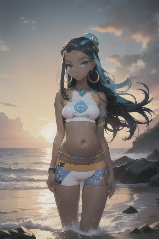 masterpiece, best quality, 1 pregnant girl, nessa, black hair, blue hair,  long hair,  multicolored hair, blue eyes, blue hair,dark skin, single hair bun,  armlet, belly chain, bikini, crop top, shorts, full body, single glove, hand on hip,  hoop earrings, necklace, looking at viewer, midriff,  navel, third trimester of pregnancy,  solo, standing, sky, water, wet, sea 