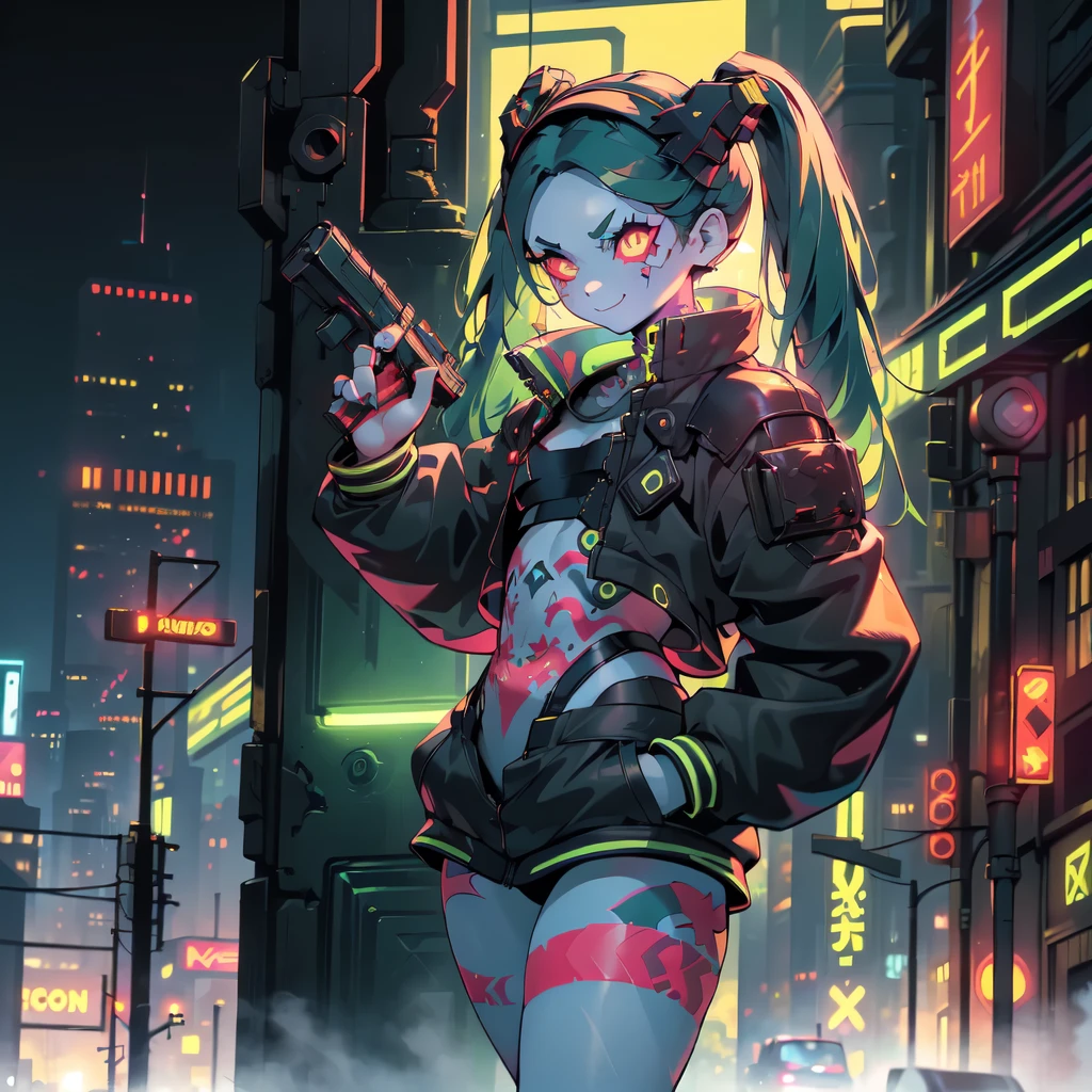 night, Cyberpunk City,,(alone,whole body, Rebecca, Yellow Eyes, Machine Eyes, Red sclera, Twin tails, leg tattoo, Skin of color, tattoo, small, Black hair band, Green Hair, neck tattoo, small胸, headgear, Long Hair, stomach tattoo), ((masterpiece)), Highest quality、Butt、Sticking out tongue, Fearless smile