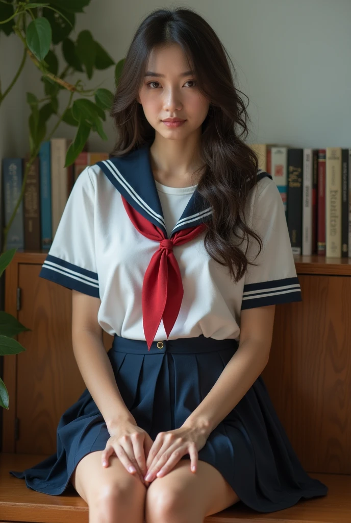 ((highest quality、8k、masterpiece:1.3)),((((fullbdy shot)))),Ultra-high resolution,big eyes,Japanese,forehead,bangs,(a girl),(1 girl),((16 years old)),((cute)),pretty,((facing at viewer)),(long hair),(((black sailor uniform))),grin,standing