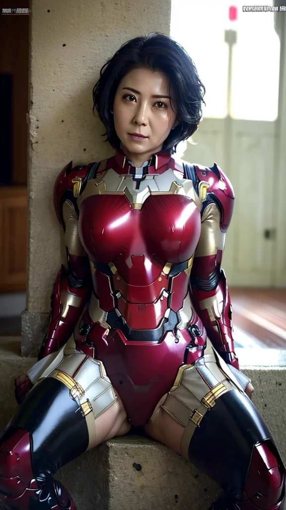 Highest quality　8k red armor　Iron Man Suit　Middle-aged women　　Sweaty face　　short hair　　Steam coming from the head　My hair is wet with sweat　Black Hair　((Aunt)) 　Full body portrait　Only the face is exposed　Small　Chubby body type　Orgasm　Ahegao　Spread your legs　I can see the vagina