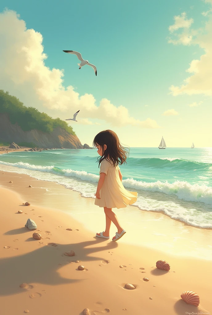 A small girl showing her hads vast like sea in a beach