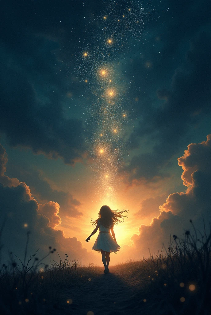 Beautiful girl with wavy long hair, bohemian dress, staring at the sky full of stars at night time