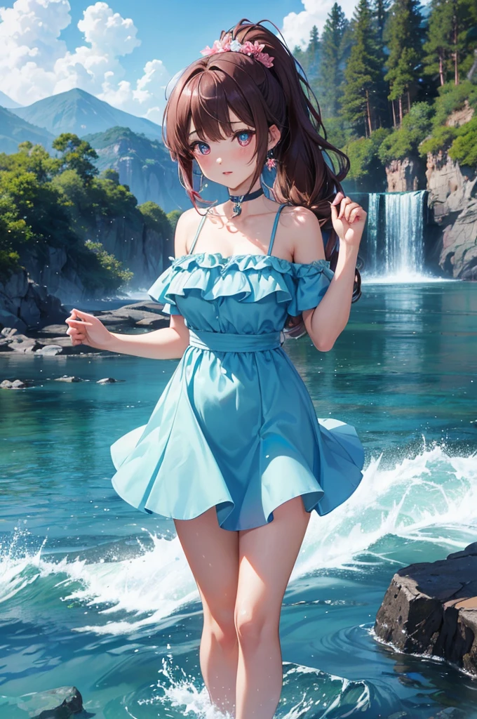 One character is a girl. The figure is full-length, standing half-turned, looking at the viewer. White skin, light long straight hair, waist length hair. Pleasant, pretty, sexy, slanted fox eyes, sweet smile. Magic in the hands, creates a water whirlwind, water sprites, in a circular motion, a water whirlpool in the hands. The magic of water. She is dressed in a blue lace dress, very short, moving to the rhythm of movement. Flowers, water, movement in a circle, one figure of a girl in the center.
02_ Atmosphere of the sea element, in blue tones, flowers, water, girl. High image quality. Wide format FUL HD. High detail, textures, fabrics, flowers, water, body, code, hair. Detailed, beautiful face. Sea light, reflection, refraction. Squeak, starfish, seabed. Unreal Engine, Cinematic 3D rendering. Epic character.