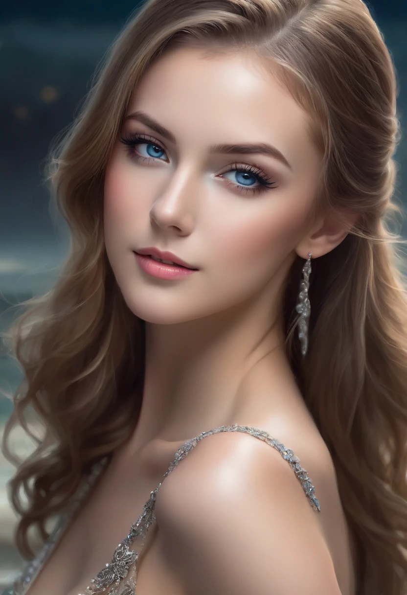 Full-body, photorealistic portrait of a 2 German woman radiating youthful beauty with flawless skin and a soft, tiled skin tone. Her long, light brown hair cascading down her back accentuates her heart-shaped face and emphasizes her striking features. Her deep blue eyes sparkle with warmth and kindness, framed by thick, dark eyelashes that add depth and dimension. Her eyebrows are perfectly shaped, slightly arched and pointed, complemented by a small, pointed nose and full, pink lips. Slim figure, proportionate body, sea, beach, rocks by the sea, both feet, both legs