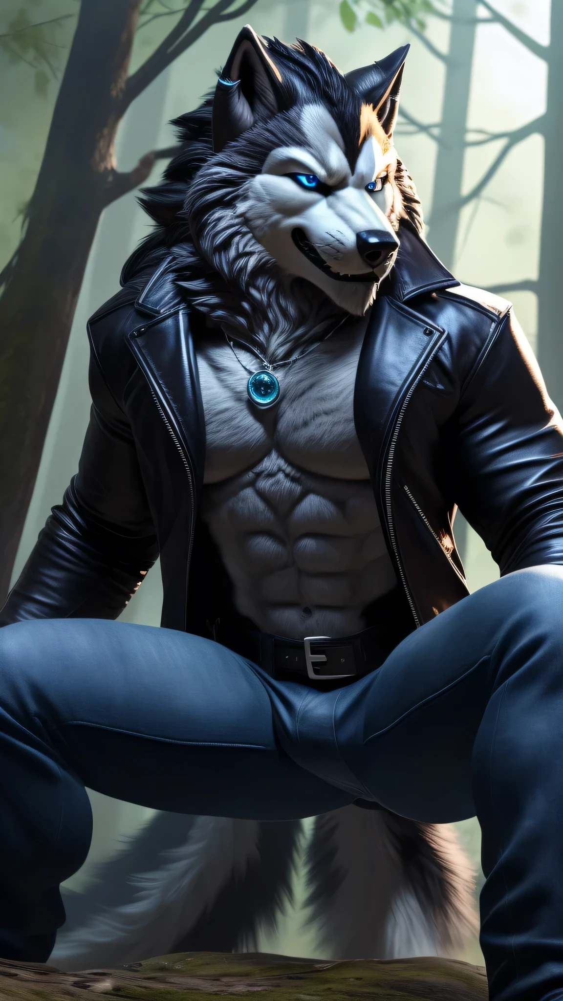 Posing, 1male, 30 years, Beautiful, eyeliner, happy expression, black leather jacket, the second, lobo ears, (black fur:1.5), lobo, forest background, 8k, anything, (Best Quality, masterpiece), (lobo Tail:1.5), detailed skin, Alone, neck, blue jeans, blue eyes. dynamic angle, ultra detailed, squatting posture