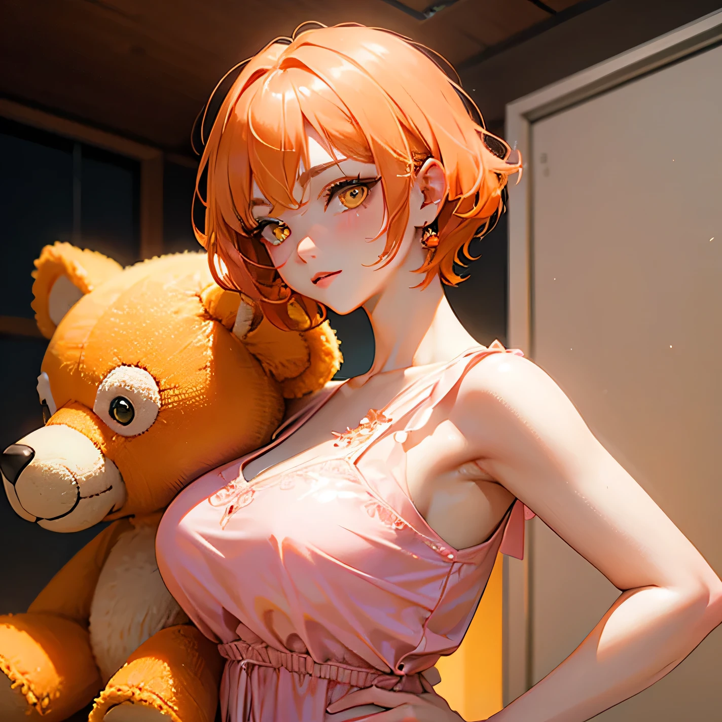 1 girl, Misty Pokemon, Kasumi Pokemon, green eyes, (red hair), (frilly), gentle smile, gentle light, soft, soft light, delicate, bed, frills, dripping, cum, kneeling, mouth open, tongue out, looking at viewer, pov, white one piece swimsuit