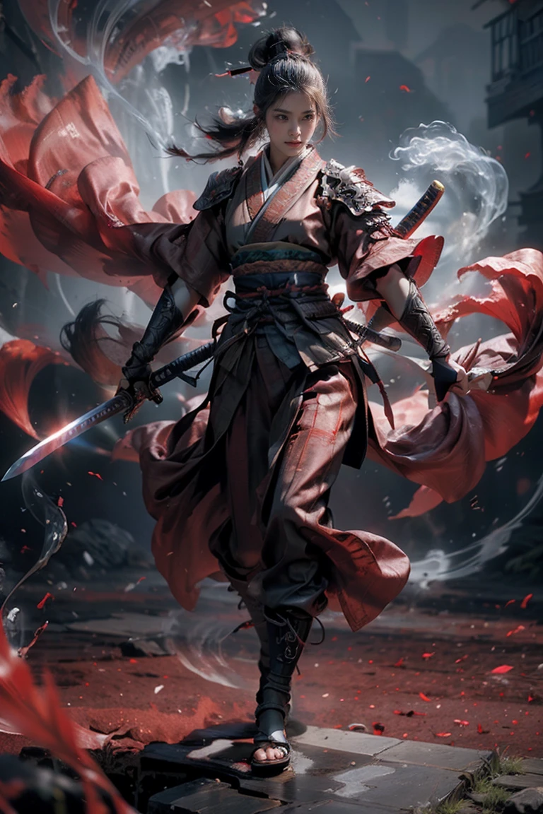 masterpiece，16K，high quality，Artwork by，Samurai Spirit，1 person，Red Theme，smog，Floating Weapons，Long sword，Bright light，Light background，Handsome face，Delicate face，Vibrant Texture，Photos taken with Sony cameras，Cinema Lighting，Full Body Lesbian，walk，