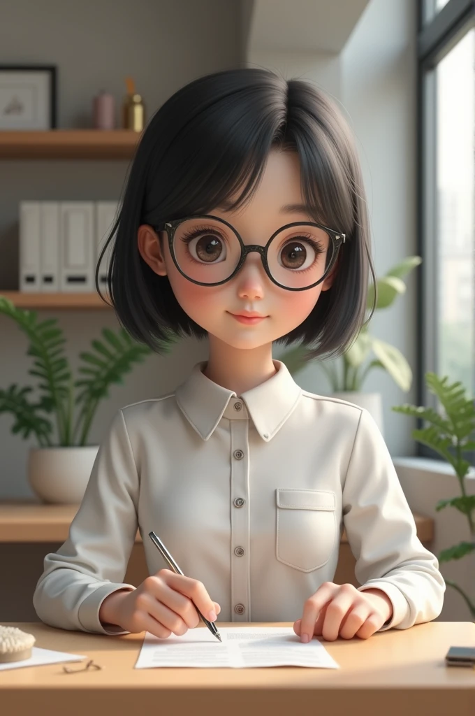 A slightly chubby girl of 3 years old in China, wears glasses,Plaid shirt,shorter pants,programmer,sitting in front of the computer,Black hair, adolable, with brown eye,by Pixar, tchibi,frontage,Full body portrait