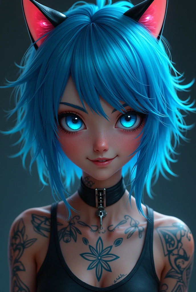 choker on neck , septum nose , school teen white girl, blonde, bob haircut, lips snearkes emo slut , horny , blush fat pussy good girl , nerd blond woman with blue hair clips on her head posing for a picture, anime vibes, belle delphine,