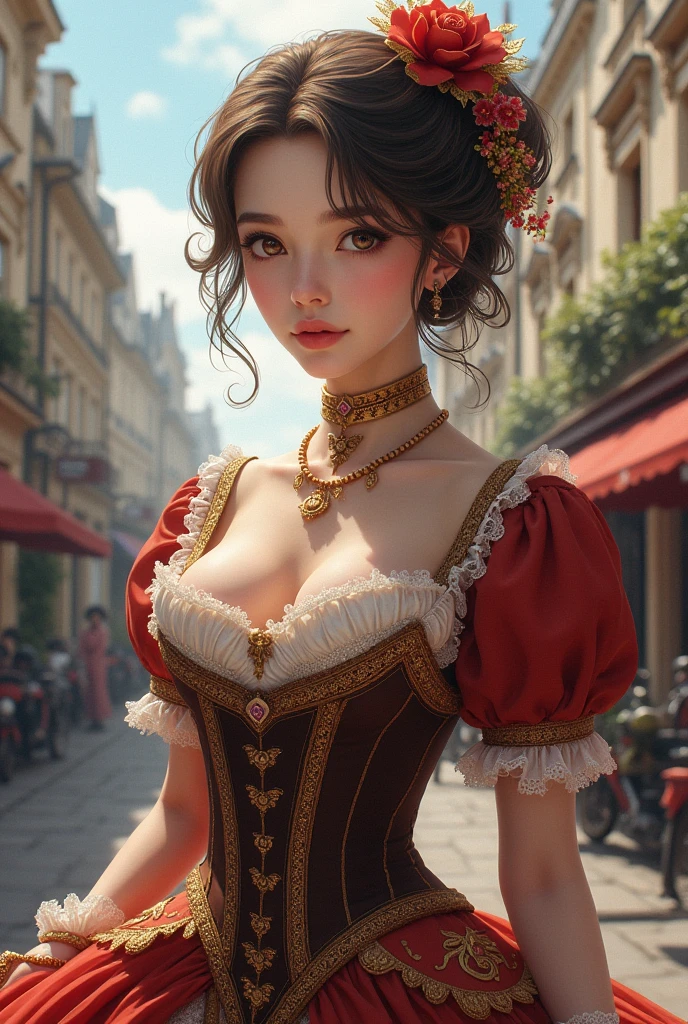 (masterpiece:1.2),best quality,high resolution,unity 8k wallpaper,(illustration:1),perfect lighting,photo_\(medium\),photorealistic,realistic,RAW, analog, Nikon Z 85mm, award winning glamour photograph,((best quality)), ((masterpiece)), ((realistic)), 18th century, vintage image, gorgeous États-Unis woman wearing, lace dress and corset, wearing a crown, 25 year old, (long brown hair), hazel eyes, small perky breasts, sitting outside at a new york caf, Statue of Liberty in background, , ((small breasts)), innocent, flower pedals in the air, (freckles:0.6), intricate details, highly detailed, sharp focus, professional, 4k, spring flowers blooming, god rays, hand model, stunning blue eyes, , delicate, innocent,highres, detailed facial features, high detail, sharp focus, smooth, aesthetic, extremely detailed, photo_\(ultra\), photorealistic, realistic, post-processing, max detail, roughness, real life, ultra realistic, photorealism, photography, 8k uhd, photography, SEMI-SILHOUETTE light, russian face
