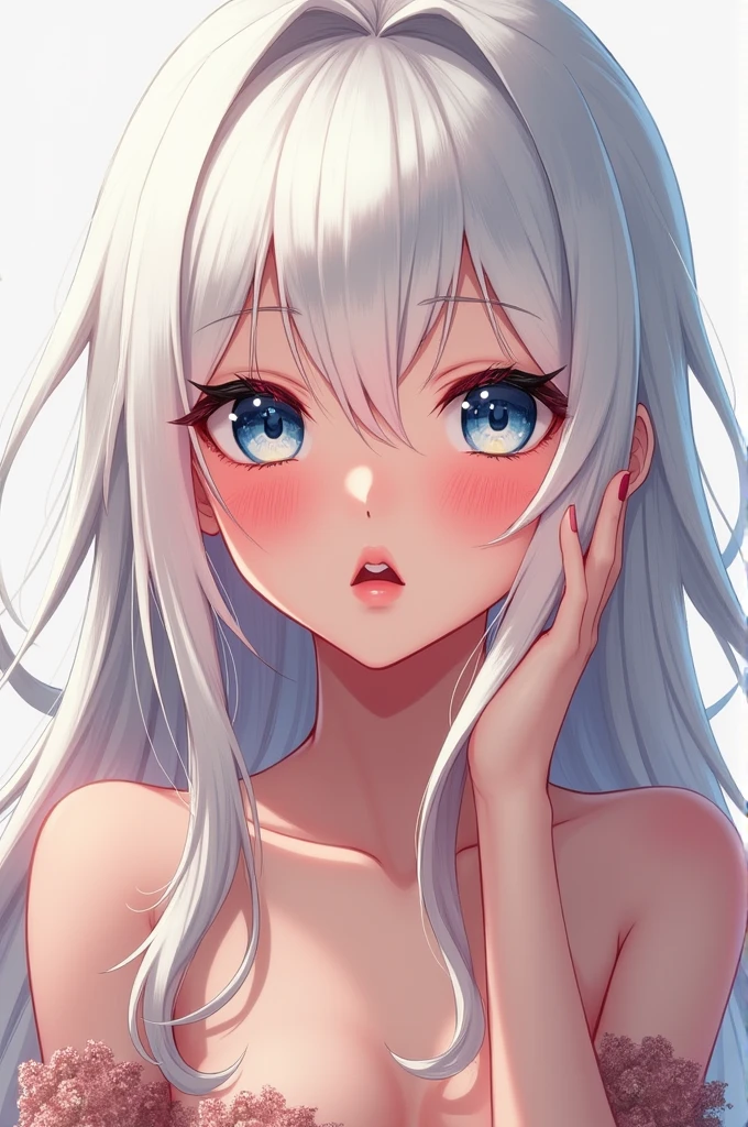 1 Girl, Light Blue Baggy Sweater, No Pants, Medium Breasts, Blue Eyes, Platinum White Hair, Twin Tail Hair Style, Pale White Skin, Smooth Skin, Face Freckles, Nice Cleavage, Slutty, Sexy, Sassy, Smirking, Tease, Teasing, Laying On bed, Top Down View, Reaching Up To Viewer, Upper Body Shot,