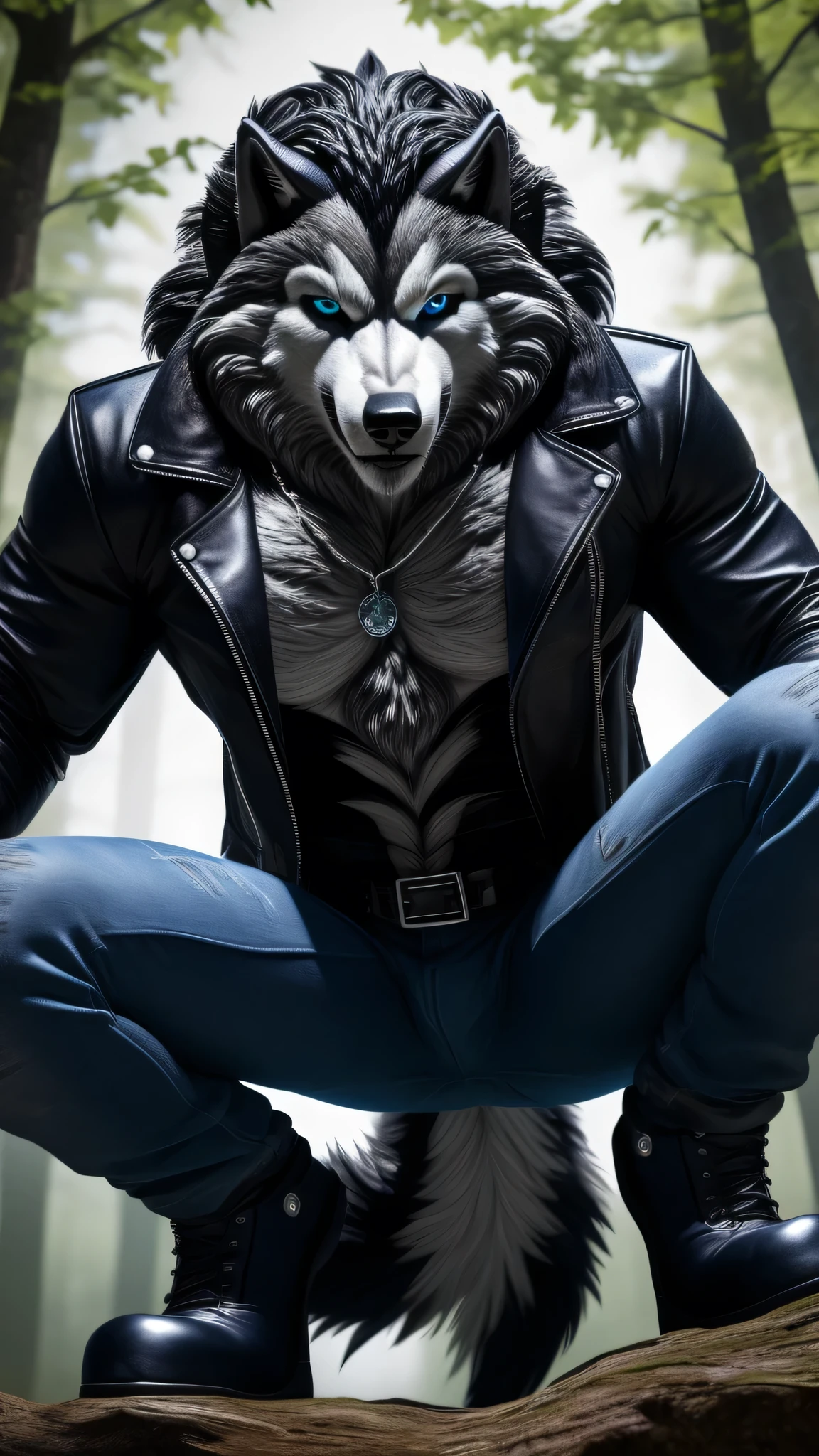 Posing, 1male, 30 years, Beautiful, eyeliner, happy expression, black leather jacket, the second, lobo ears, (black fur:1.5), lobo, forest background, 8k, anything, (Best Quality, masterpiece), (lobo Tail:1.5), detailed skin, Alone, neck, blue jeans, blue eyes. dynamic angle, ultra detailed, squatting posture